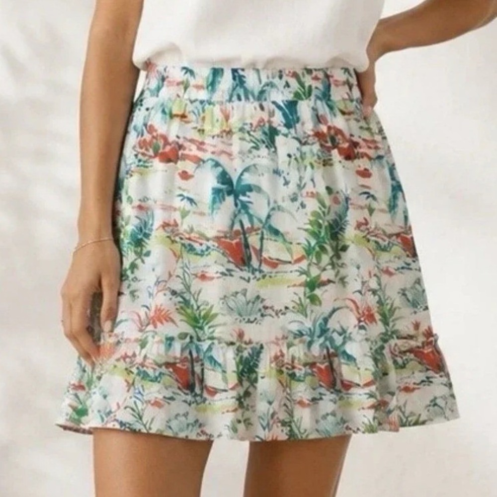 Sigrid Olsen Mini Skirt Tropical Cotton Lined Ruffle‎ Beach Resort (Size XL)